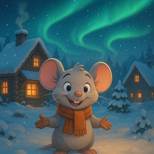 Winter Welcome: Cheerful Mouse Under the Northern Lights