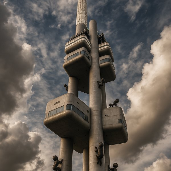 Žižkov Tower and Crawling Babies Against a Dramatic Sky