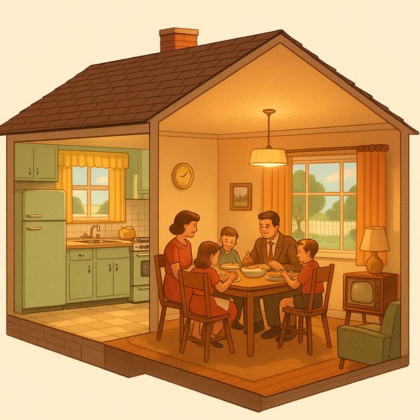 1950s Suburban Cutaway: Family Dinner in a Cozy Midcentury Home