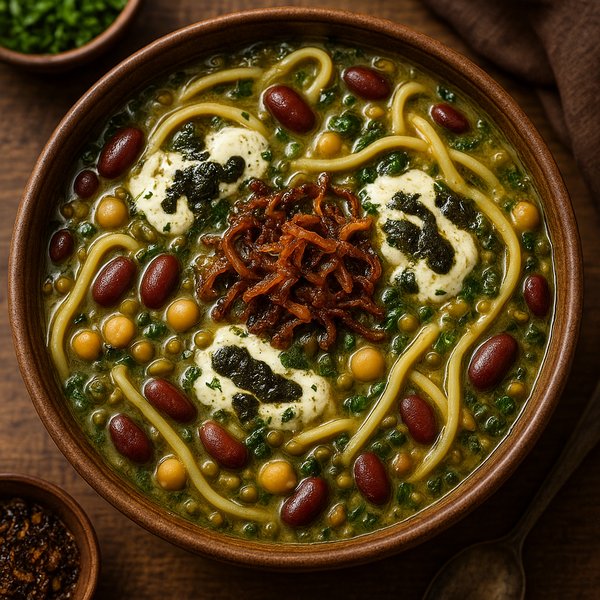 Ash Reshteh — Sopa persa robusta de ervas e macarrão com soro de iogurte