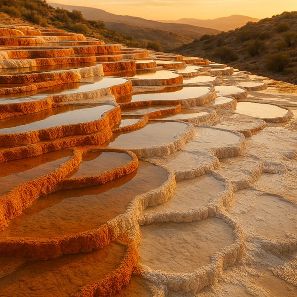 Badab-e Surt Terraced Travertine Pools at Golden Hour
