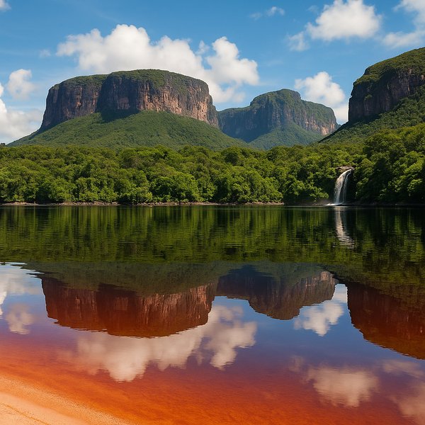 Canaima Lagoon at Dawn — Tepuis and Reddish Reflections