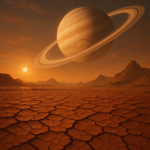 Cracked Alien Desert Beneath a Giant Ringed Planet