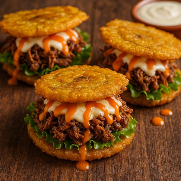 Crispy Patacón Sandwiches with Shredded Beef and Creamy Sauces