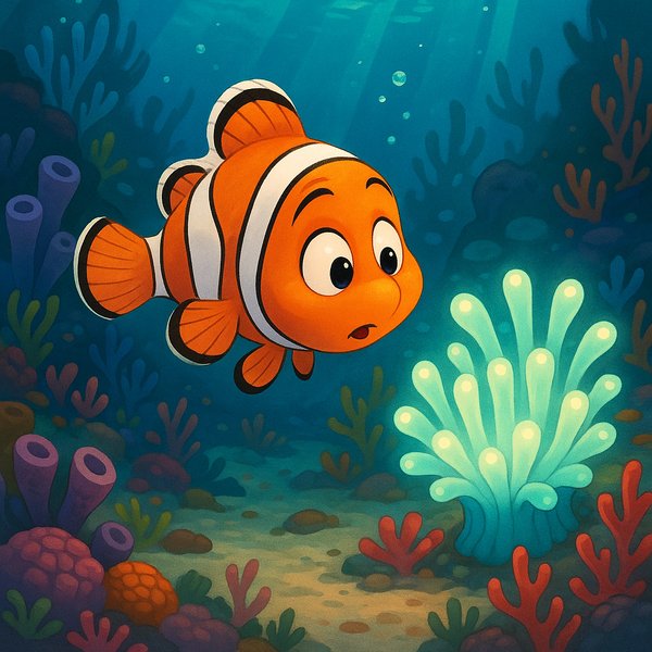 Curious Clownfish Exploring a Glowing Reef