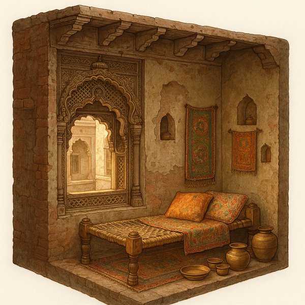 Cutaway of a Haveli Room with Carved Jharokha