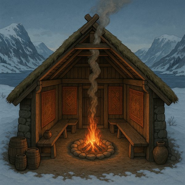 Cutaway of a Viking Longhouse by a Snowy Fjord