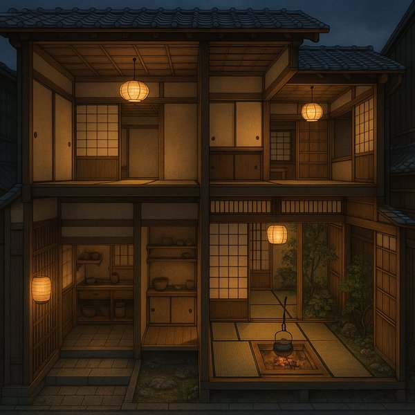 Mặt cắt một machiya thời Edo lúc chạng vạng