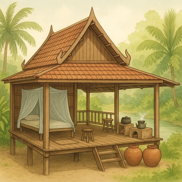 Vue en coupe : maison thaïlandaise traditionnelle sur pilotis au bord de la rivière
