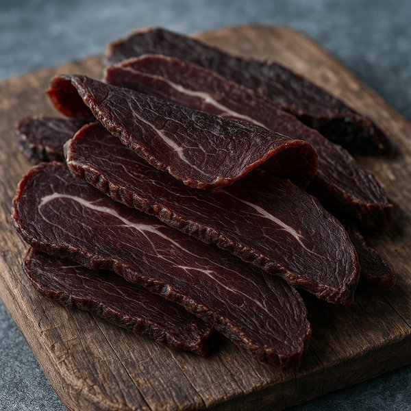 Dried Reindeer Meat Slices on Rustic Board