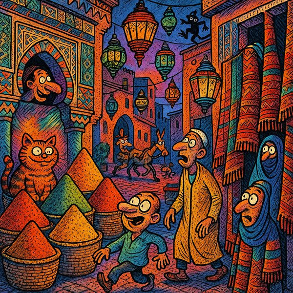 Dusk in the Marrakech Medina — Comic-Style Market Alley