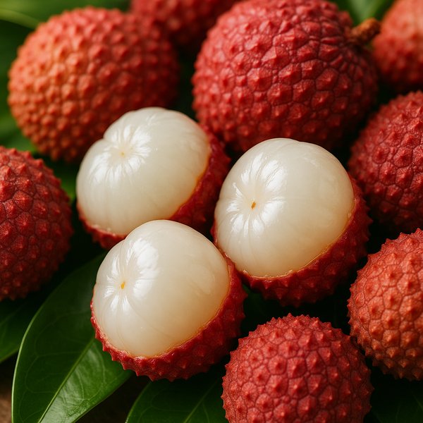 Glossy Peeled Lychees on Tropical Leaves