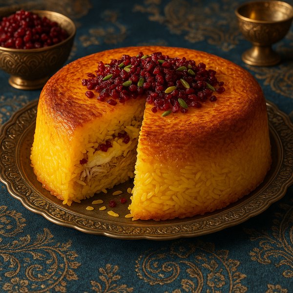 Golden Tahchin — Saffron Rice Cake with Yogurt & Chicken