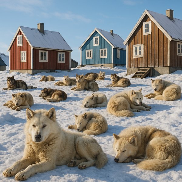 Greenland Sled Dogs Resting in Winter Village