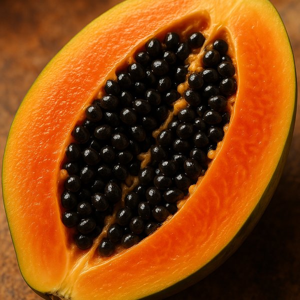 Halved Papaya with Glossy Black Seeds