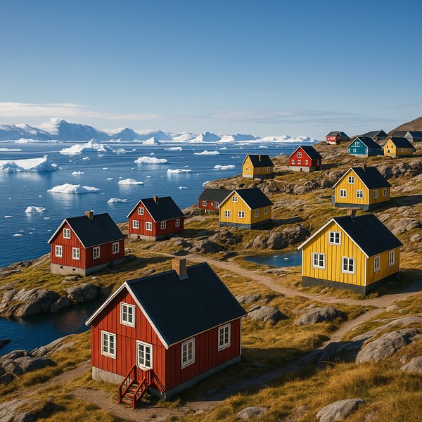 Ilulissat Coastal Village with Colorful Houses and Icebergs