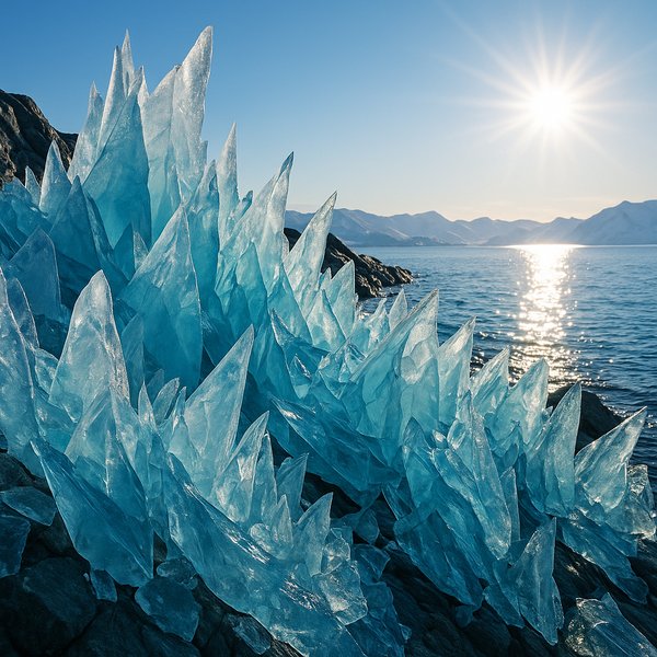Jagged Blue Ice Along Greenland Shoreline