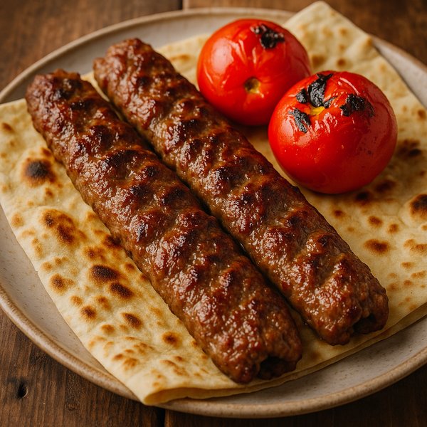 Juicy Koobideh Kebabs with Grilled Tomatoes on Flatbread