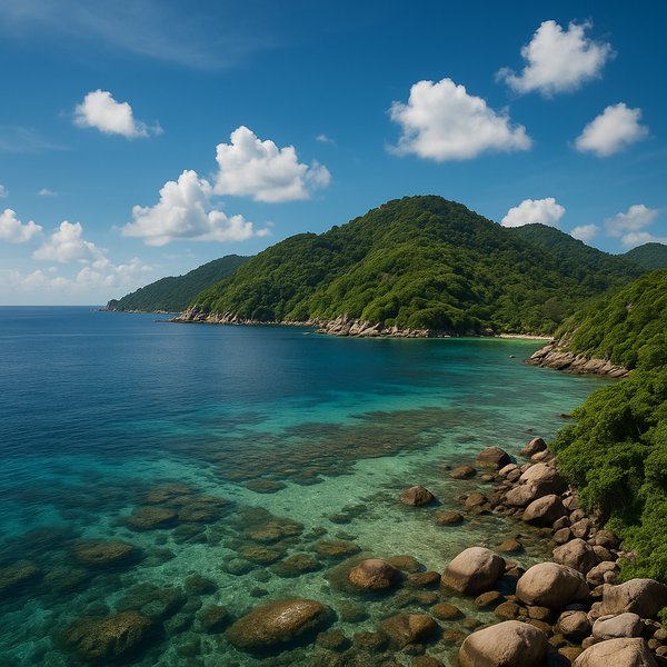 Koh Tao Coastal Panorama — Turquoise Reefs & Jungle Hills
