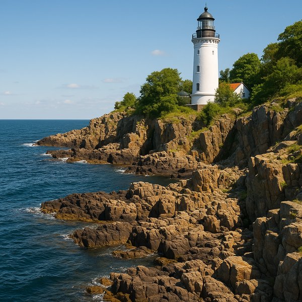 Lighthouse on Bornholm Cliffs at Midday