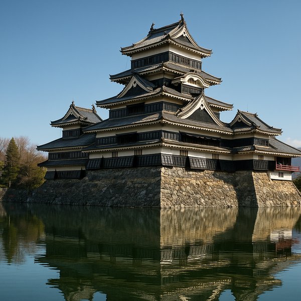 Matsumoto Castle at Midday — Black-Walled Tenshu Reflected in the Moat