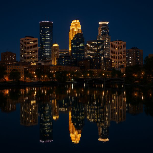 Minneapolis: Skyline-Spiegelungen in der Blauen Stunde