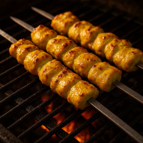 Photorealistic Joojeh Kebab — Saffron-Marinated Chicken Skewers on the Grill