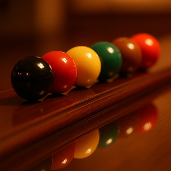 Reflections on the Rail — Glossy Snooker Balls in Warm Tungsten