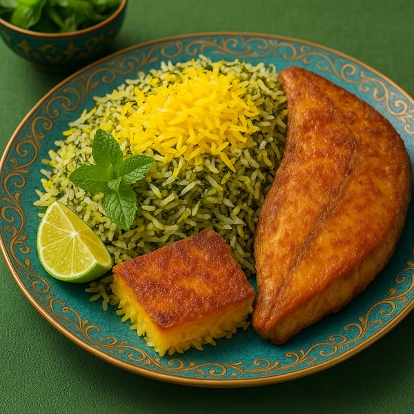 Sabzi Polo with Saffron Rice and Crispy Fish