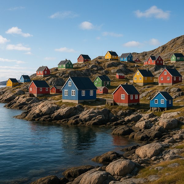 Sisimiut Colorburst: Coastal Houses on a Calm Arctic Shore