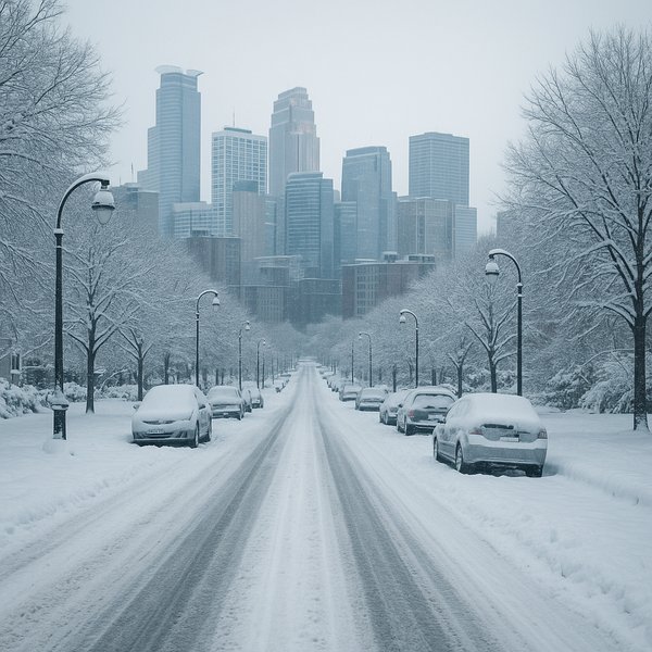 Schneebedeckte Avenue zur Minneapolis‑Skyline