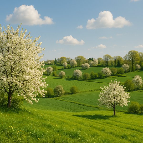 Springtime Blooms over Danish Rolling Fields