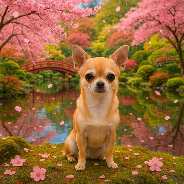 Springtime Chihuahua in a Japanese Garden