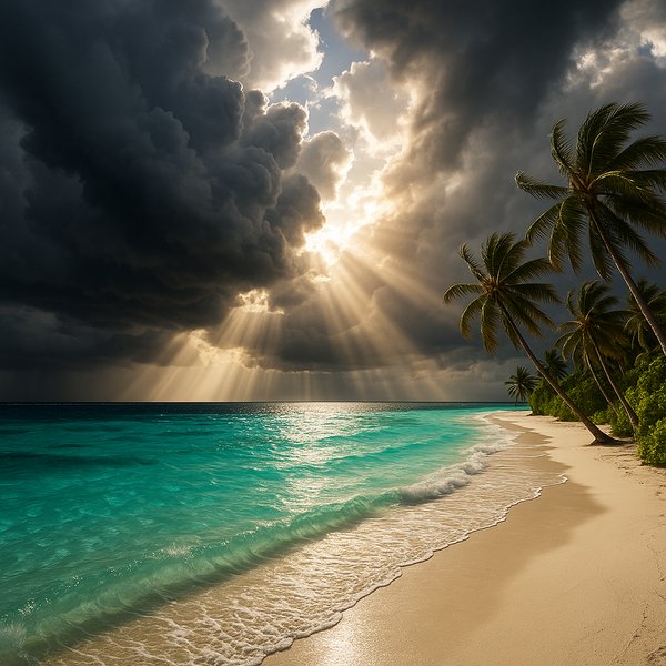 Storm-Broken Sunbeams Over a Maldivian Shore