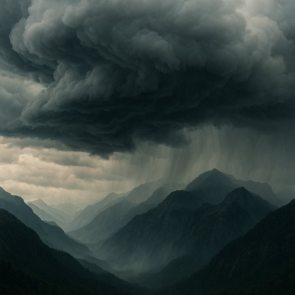 Storm Over the Rift: Colossal Clouds Above Layered Mountains