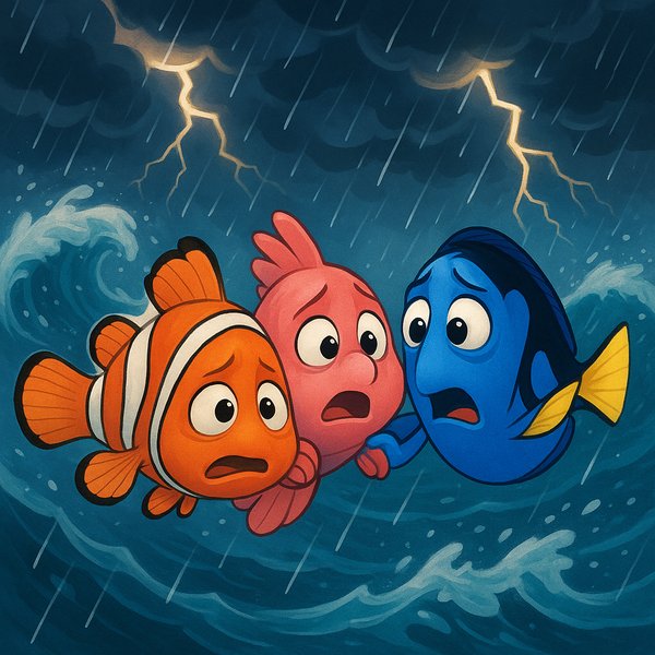 Stormy Escape: Three Fish Friends Stick Together