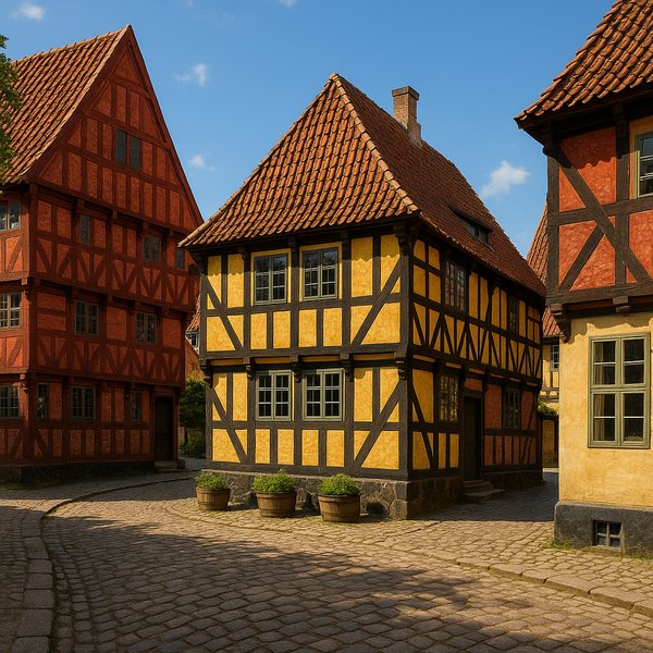 Sunlit Half‑Timbered Houses in Den Gamle By, Aarhus