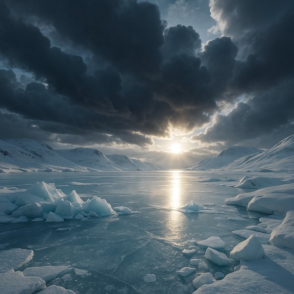 Sunrise Through the Storm over a Frozen Fjord