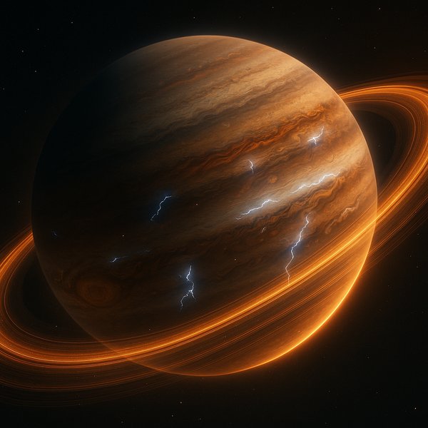 Titanic Ringed Gas Giant with Storm Bands and Lightning