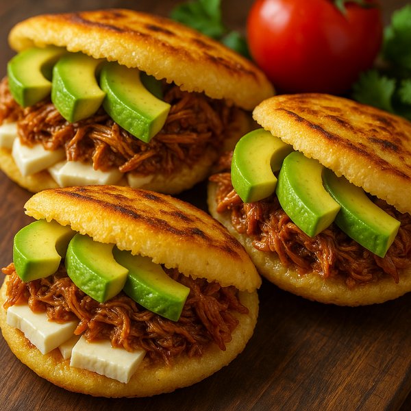 Venezuelan Arepas with Shredded Beef, Queso Blanco & Avocado