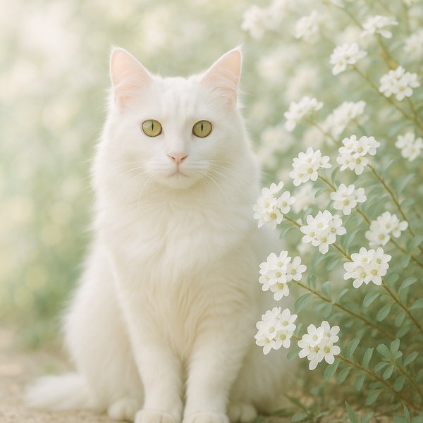 White Turkish Angora Among Blooming Whites