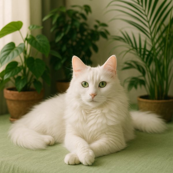 White Turkish Angora Relaxing Among Indoor Plants