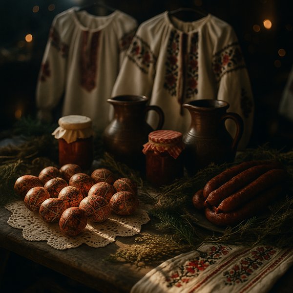 Winter Folk Fair Still Life — Painted Eggs and Hearth Goods
