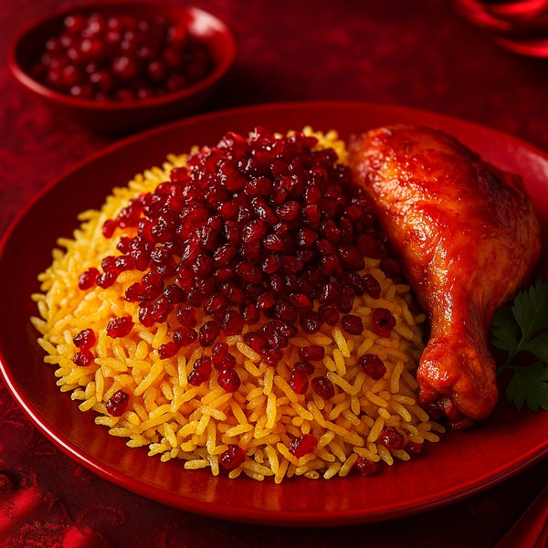 Zereshk Polo — Saffron Rice with Barberries & Roasted Chicken