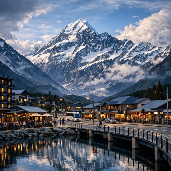 Alpine Town Below Snow-Capped Peaks