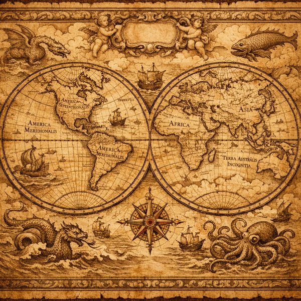 Antique Double-Hemisphere World Map (17th Century Style)