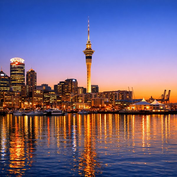 Auckland Skyline at Sunset with Sky Tower