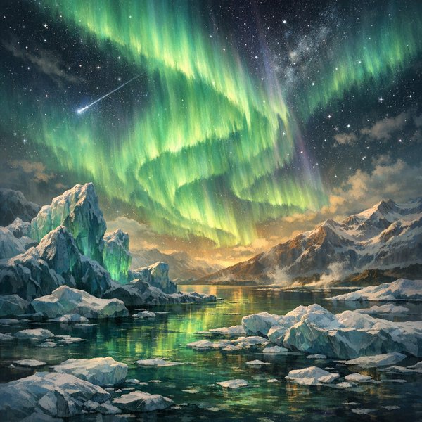 Tapeçaria Auroral Sobre o Fiorde Congelado