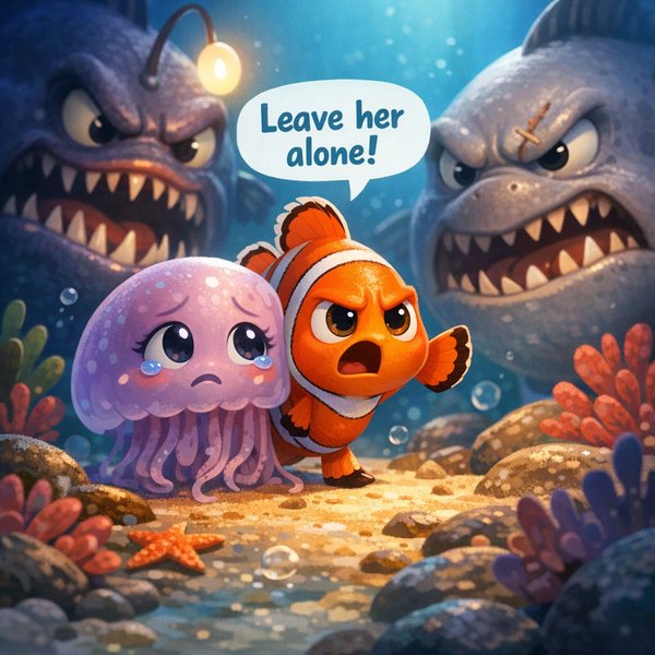 Brave Little Clownfish Stands Up for Shy Jellyfriend