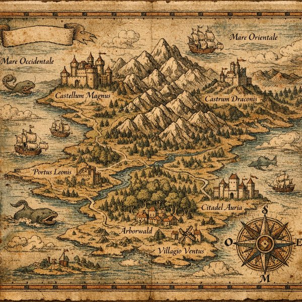 Chart of Auria: Aged Coastal Realm (Medieval Fantasy Map)
